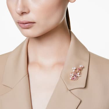 Gema brooch, Mixed cuts, Flower, Pink, Gold-tone plated | Swarovski