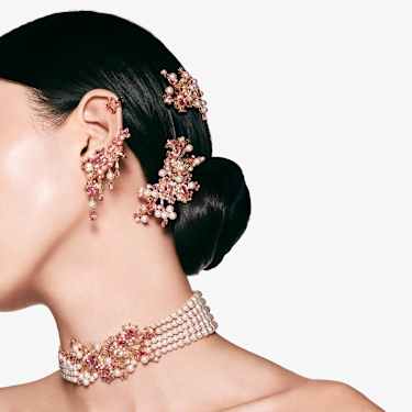 Gema 夾式耳環, 混合式切割, 花朵, 粉紅色, 鍍金色色調 - Swarovski, 5688479