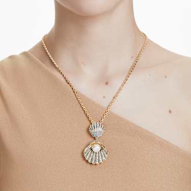 Idyllia pendant, Crystal pearl, Mixed cuts, Shell, White, Gold-tone plated by SWAROVSKI