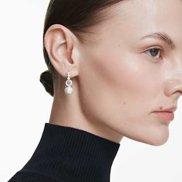 Pendants d'oreilles Matrix, Perle de cristal, Taille ronde, Blanches, Métal rhodié - Swarovski, 5691716