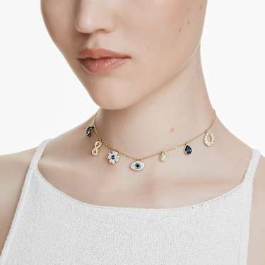 Symbolica Halsband, Kristallperle, Mond, Unendlichkeitssymbol, Glücksklee, Augensymbol und Hufeisen, Blau, Goldlegierungsschicht - Swarovski, 5692164