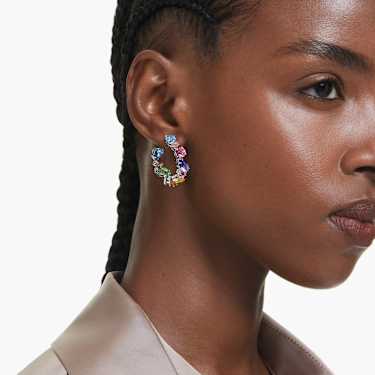 Gema 후프 이어링, 비대칭 디자인, 믹스 컷, 스몰, 멀티컬러, 로듐 플래팅 - Swarovski, 5692412