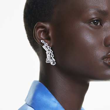 Matrix drop earrings, Mixed cuts, White, Rhodium plated - Swarovski, 5692515