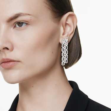 Millenia clip earrings, Octagon cut, Long, White, Rhodium plated - Swarovski, 5696320