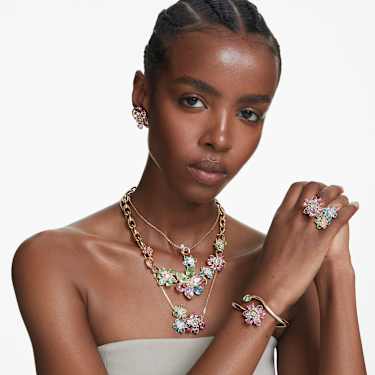 Idyllia 이어링 커프, 세트(3), 비대칭 디자인, 믹스 컷, 꽃, 멀티컬러, 골드 톤 플래팅 - Swarovski, 5709026