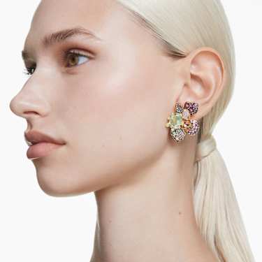 Uhani za pripenjanje Idyllia, Asimetričen dizajn, Mešani rezi, Pavé, Roža, Večbarvni, PVD zlatega odtenka - Swarovski, 5709957
