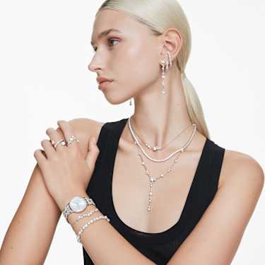 Matrix 個性戒指, 水晶珍珠, 圓形切割, 白色, 鍍白金色 - Swarovski, 5714376