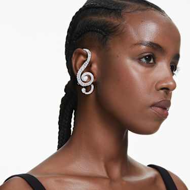 Ariana Grande x Swarovski clip earrings, Asymmetrical design, Crystal pearl, Baguette cut, White, Rhodium plated - Swarovski, 5720866