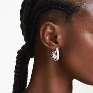 Ariana Grande x Swarovski hoop earrings, Crystal pearl, Baguette cut, White, Rhodium plated - Swarovski, 5720868