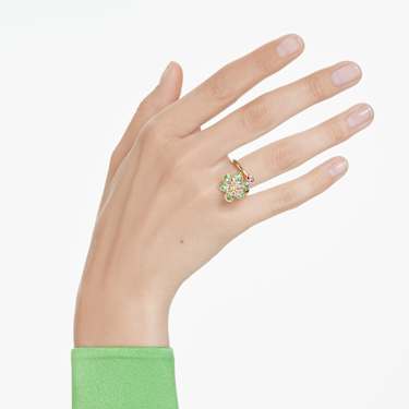 Idyllia open ring, Mixed cuts, Flower, Green, Gold-tone plated - Swarovski, 5721598