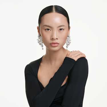 Constella earrings, Crystal pearl, Round cut, White, Rhodium plated - Swarovski, 5722498