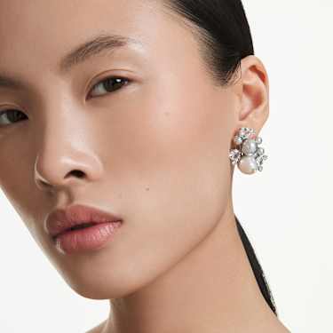 Constella oorbellen, Crystal Pearl, Ronde slijpvorm, Wit, Rodium toplaag - Swarovski, 5722498