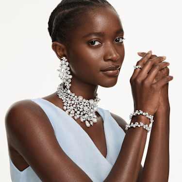 Constella earrings, Crystal pearl, Round cut, White, Rhodium plated - Swarovski, 5722498