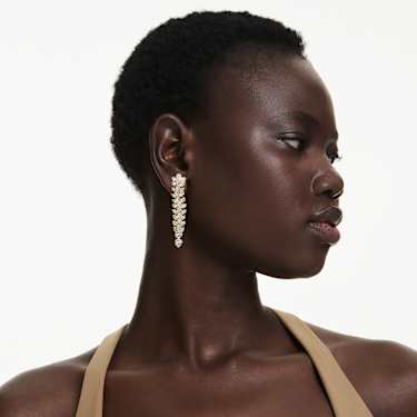 Idyllia drop earrings, Mixed cuts, Long, White, Gold-tone plated - Swarovski, 5723138