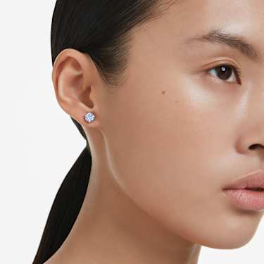 Solitaire stud earrings, Round cut, Blue, Rhodium plated - Swarovski, 5725002