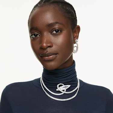 Kruhové náušnice Matrix, Bagetový výbrus, Stuha, Bílá, Pokoveno rhodiem - Swarovski, 5727113