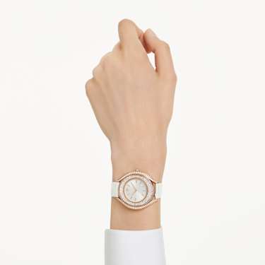 Orologio Crystalline aura, Fabbricato in Svizzera, Cinturino in pelle, Bianco, Finitura in tono oro rosa - Swarovski, 5730146