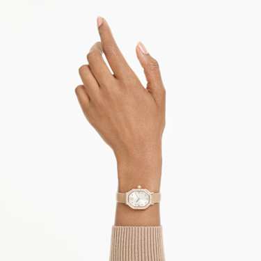 Dextera octagon watch, Swiss Made, Leather strap, Brown, Rose gold-tone finish - Swarovski, 5730184