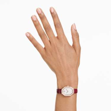 Dextera octagon watch, Swiss Made, Leather strap, Red, Rose gold-tone finish - Swarovski, 5730373