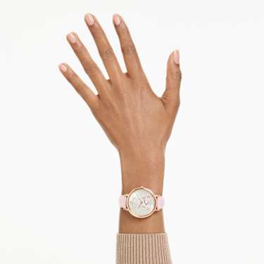 Ročna ura Teddy, Izdelano v Švici, Usnjeni jermen, Roza, Prevleka v rožnato zlatem odtenku - Swarovski, 5739838
