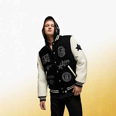 A BATHING APE® Shark Hooded Varsity Jacket, Black and white