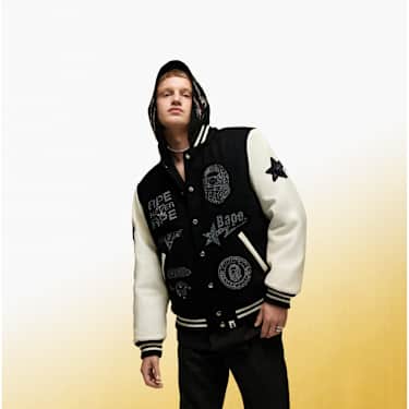 Shark Hooded Varsity Jacket A BATHING APE® Shark, Bianca e nera - Swarovski, 5746769