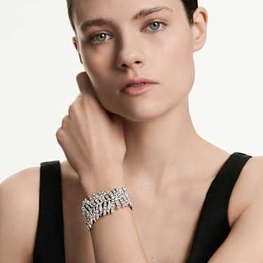 Vienna armband, Verschillende slijpvormen, Veer, Wit, Rodium toplaag - Swarovski, 5749378