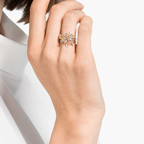 Magic ring, Set (3), Snowflake, White, Rose-gold tone plated | Swarovski.com