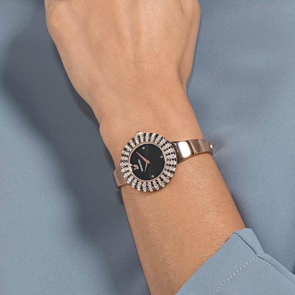 Crystal Rose watch, Swiss Made, Metal bracelet, Black, Rose gold-tone finish by SWAROVSKI