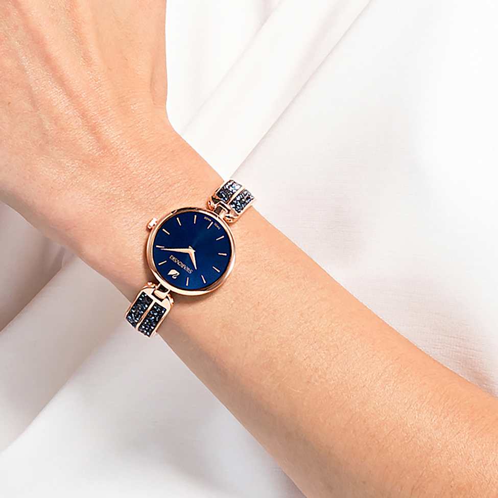 Dream Rock watch, Swiss Made, Metal bracelet, Blue, Rose gold-tone finish by SWAROVSKI