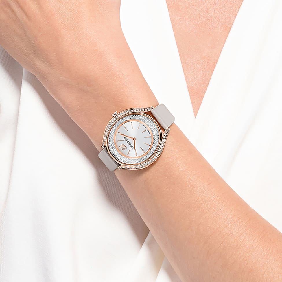 Crystalline Aura watch, Swiss Made, Leather strap, Gray, Rose gold-tone finish by SWAROVSKI