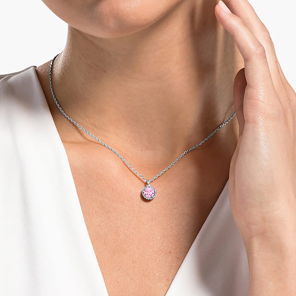 Birthstone pendant, Round cut, October, Pink, Rhodium plated by SWAROVSKI