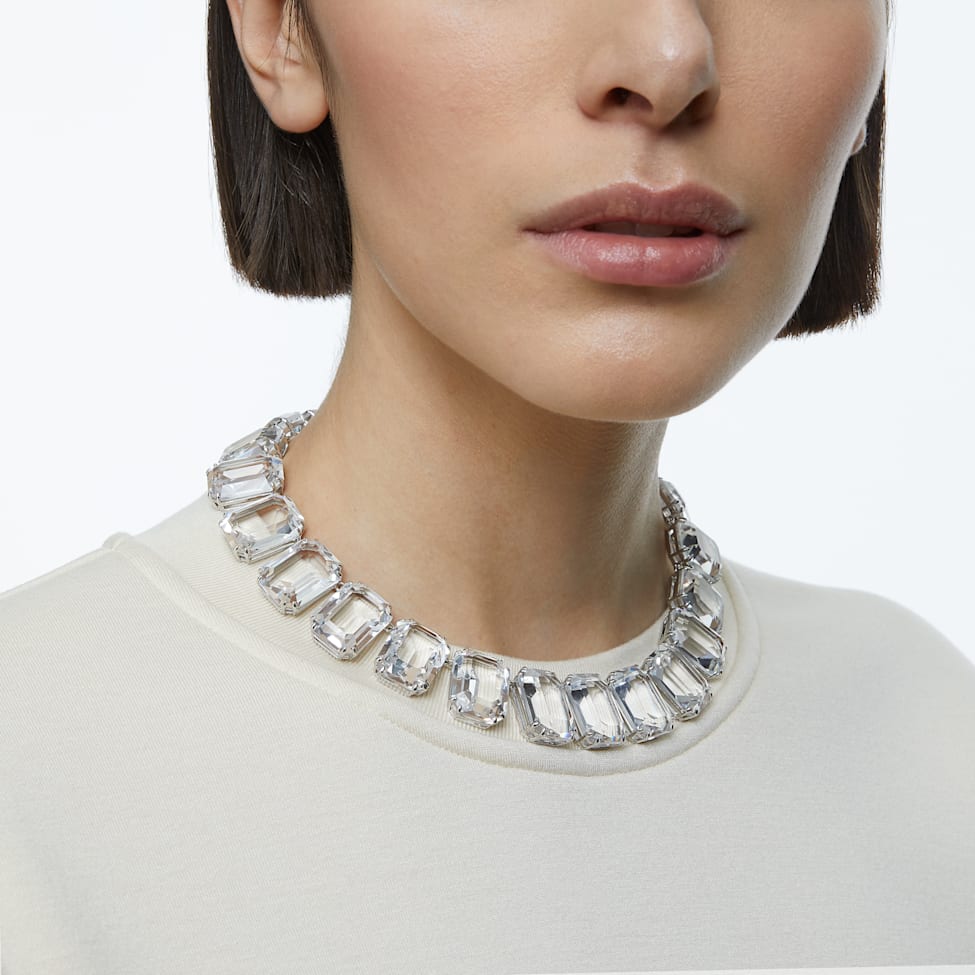 Millenia necklace, Oversized crystals, Octagon cut, White, Rhodium plated by SWAROVSKI