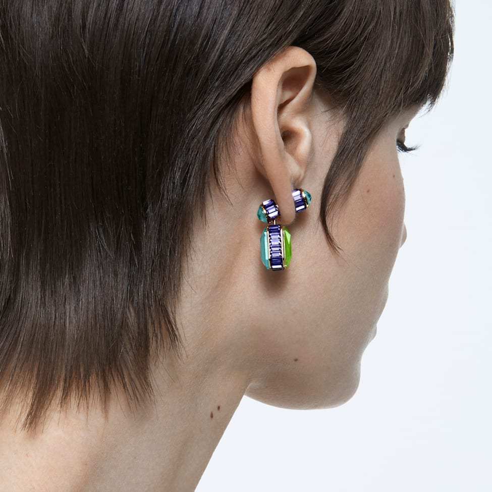 Orbita drop earrings, Asymmetrical design, Octagon cut, Multicolored, Gold-tone plated by SWAROVSKI