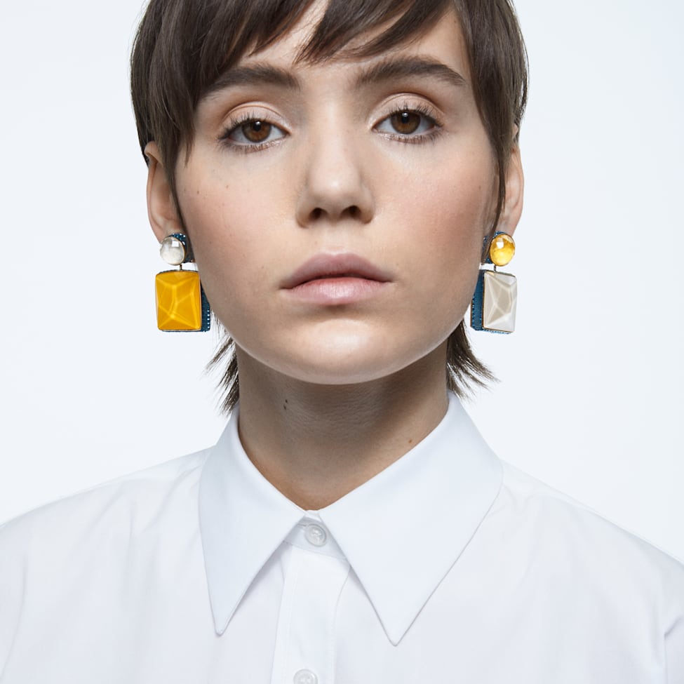 Orbita clip earrings, Asymmetrical design, Square cut, Multicoloured, Gold-tone plated by SWAROVSKI