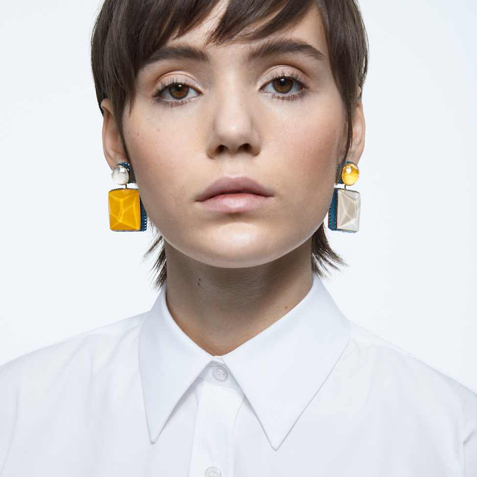 Orbita clip earrings, Asymmetrical design, Square cut, Multicoloured, Gold-tone plated by SWAROVSKI