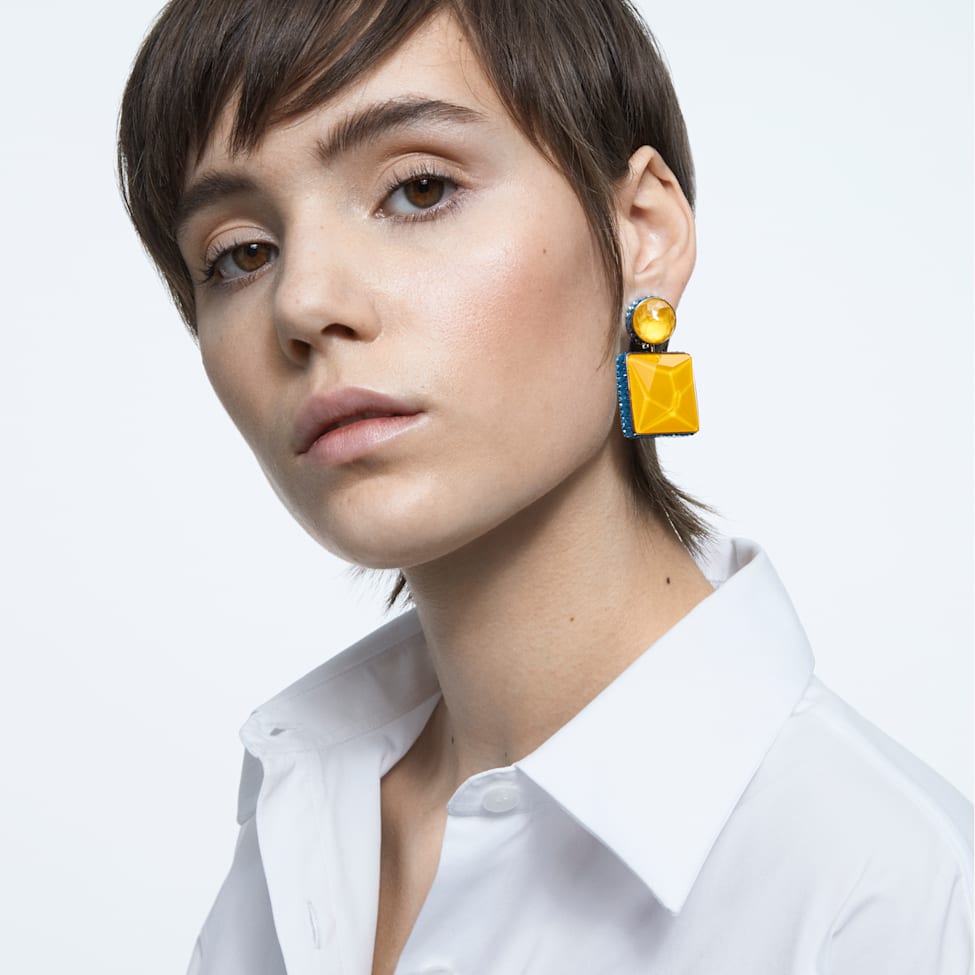 Orbita clip earrings, Asymmetrical design, Square cut, Multicolored, Gold-tone plated by SWAROVSKI