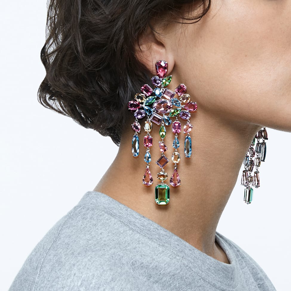 Gema clip earrings, Mixed cuts, Chandelier, Extra long, Multicolored, Rhodium plated by SWAROVSKI