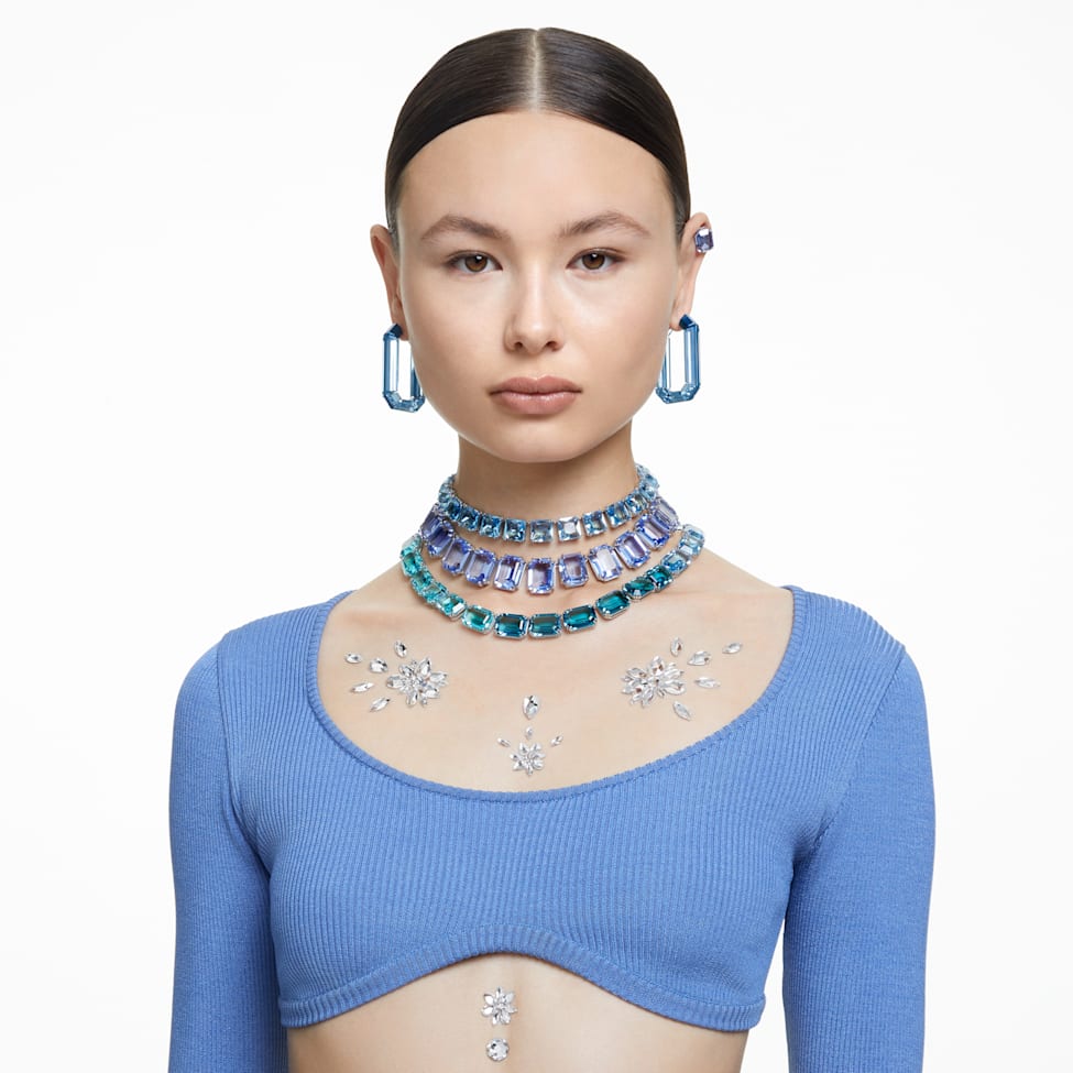 Millenia necklace, Oversized crystals, Octagon cut, Blue, Rhodium plated by SWAROVSKI