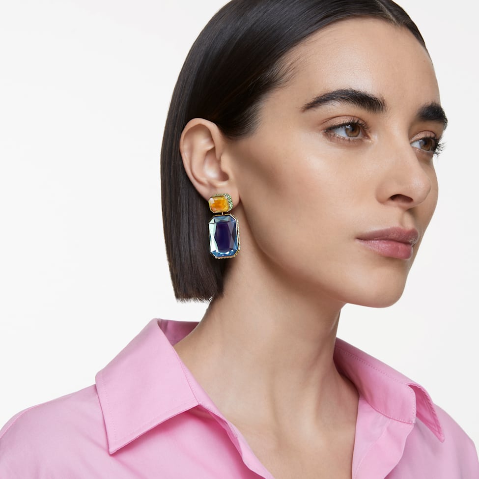 Orbita clip earrings, Asymmetrical design, Octagon cut, Multicoloured, Gold-tone plated by SWAROVSKI