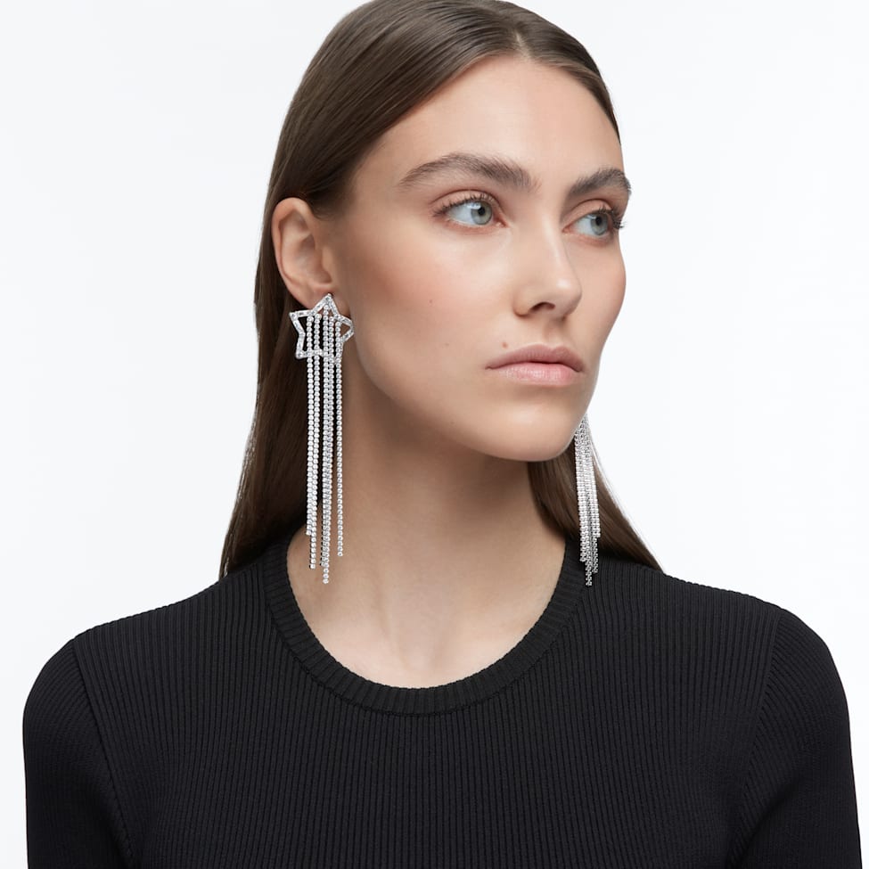 Stella clip earrings, Shooting star, White, Rhodium plated by SWAROVSKI