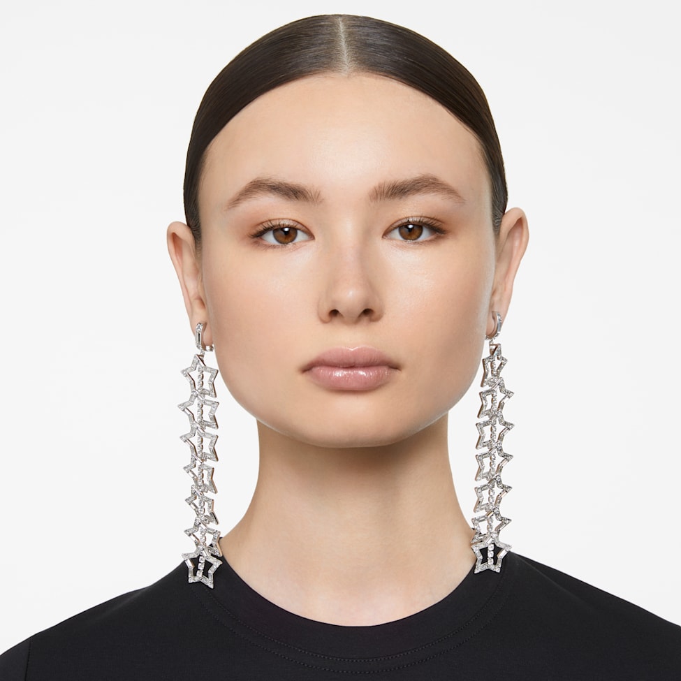 Stella clip earrings, Star, Long, White, Rhodium plated by SWAROVSKI