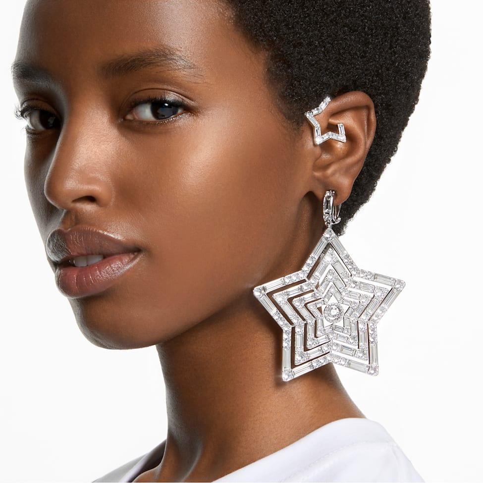 Stella clip earrings, Star, Large, White, Rhodium plated by SWAROVSKI
