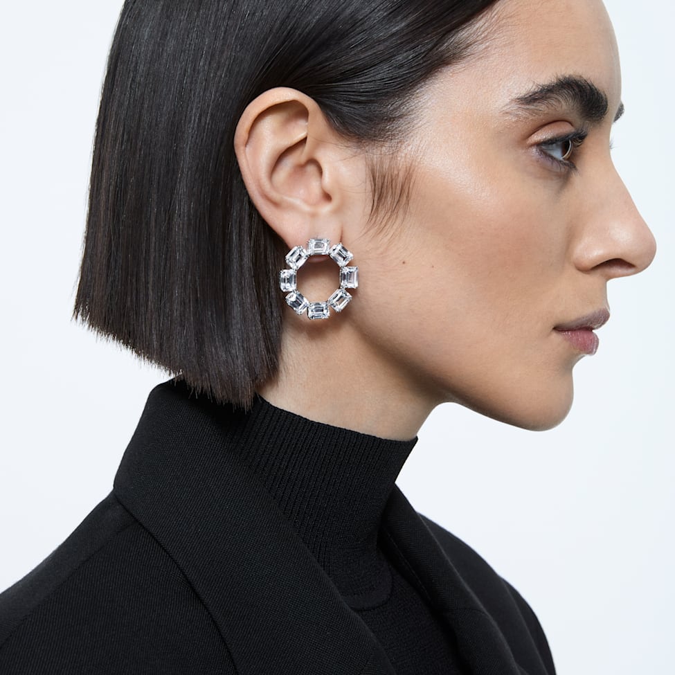 Millenia hoop earrings, Octagon cut, White, Rhodium plated by SWAROVSKI