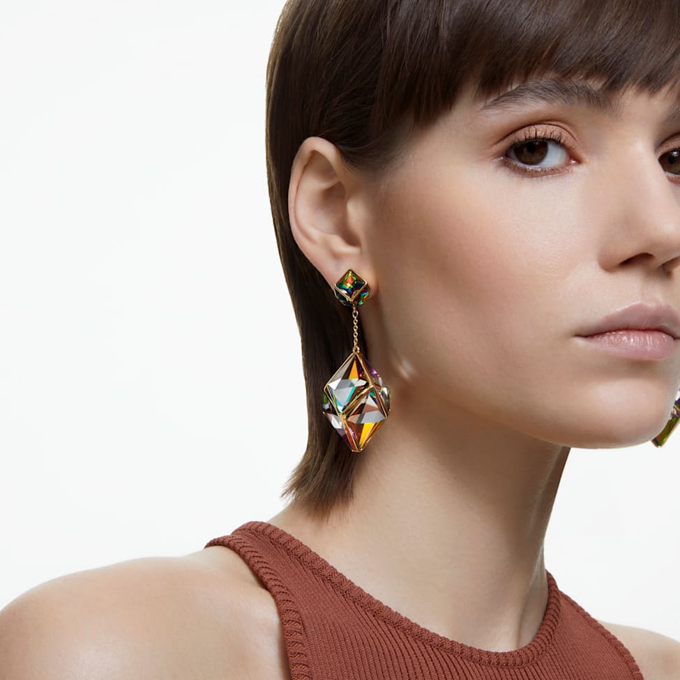 Curiosa drop earrings, Mixed cuts, Green, Gold-tone plated by SWAROVSKI