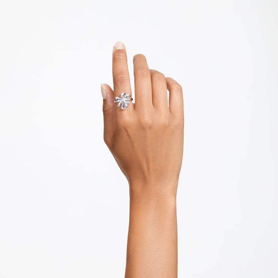 Volta cocktail ring, Bow, Small, White, Rhodium plated by SWAROVSKI
