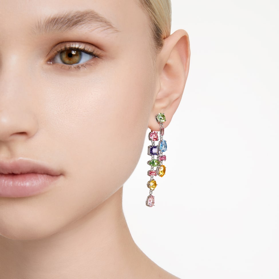 Gema drop earrings, Asymmetrical design, Mixed cuts, Long, Multicolored, Rhodium plated by SWAROVSKI