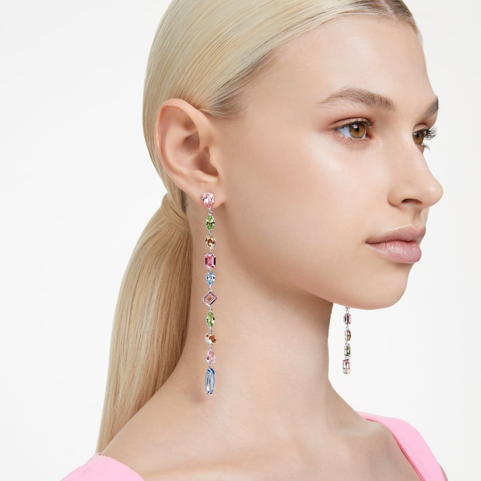 Gema drop earrings, Asymmetrical design, Mixed cuts, Extra long, Multicolored, Rhodium plated by SWAROVSKI