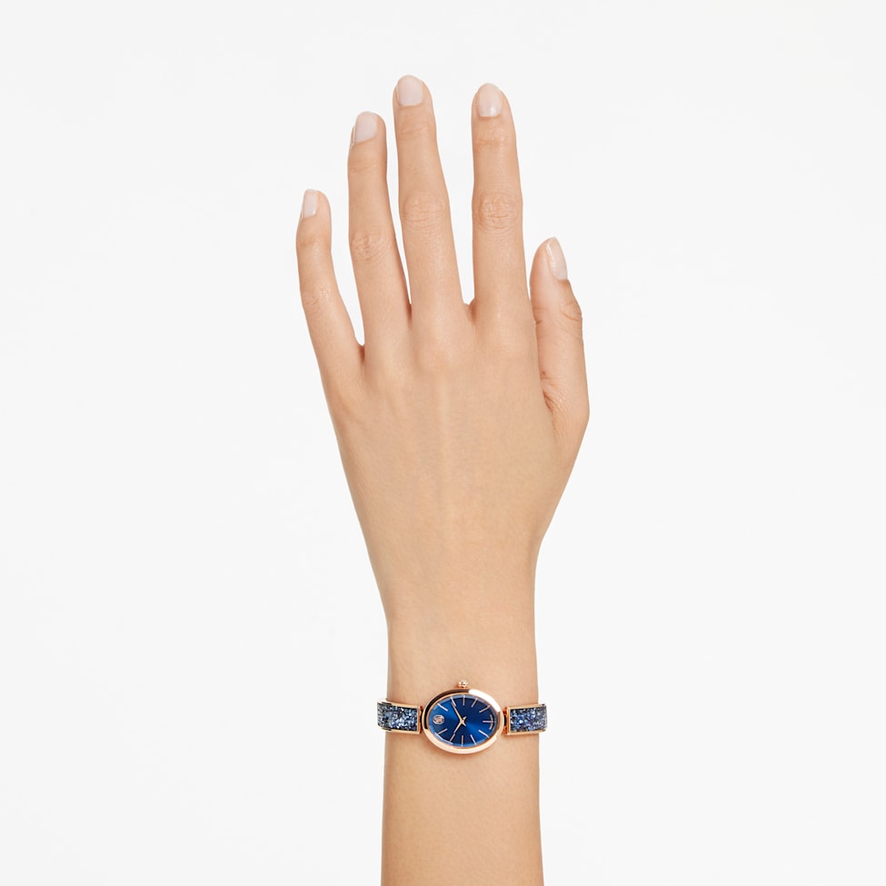 Crystal Rock Oval watch, Swiss Made, Metal bracelet, Blue, Rose gold-tone finish by SWAROVSKI