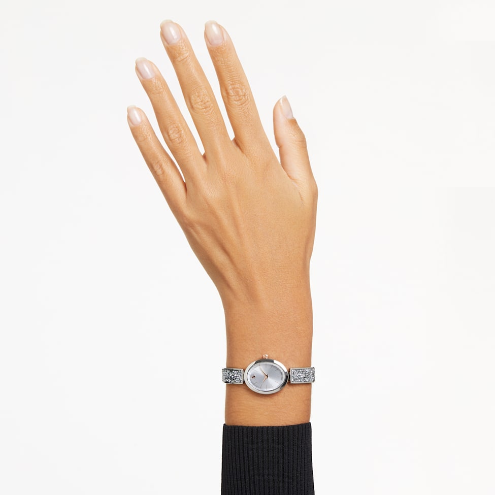 Crystal Rock Oval watch, Swiss Made, Metal bracelet, White, Stainless steel by SWAROVSKI